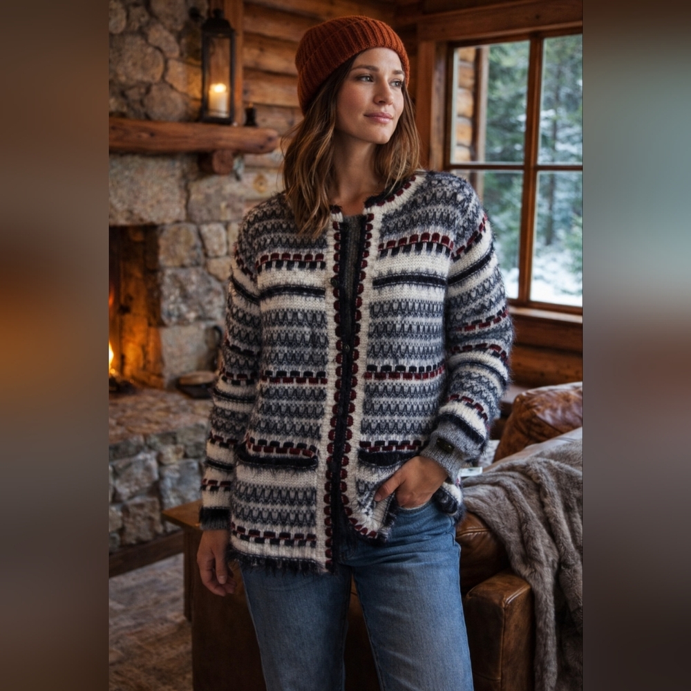 Fuzzy Striped Fuzzy Cardigan Knit Sweater Cozy Cabincore | Size 18/20
